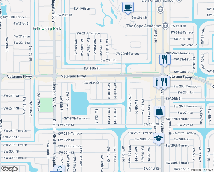 map of restaurants, bars, coffee shops, grocery stores, and more near 2512 Southwest 11th Court in Cape Coral