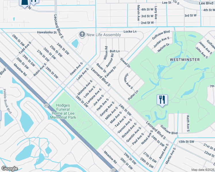 map of restaurants, bars, coffee shops, grocery stores, and more near 4957 Leonard Boulevard South in Lehigh Acres