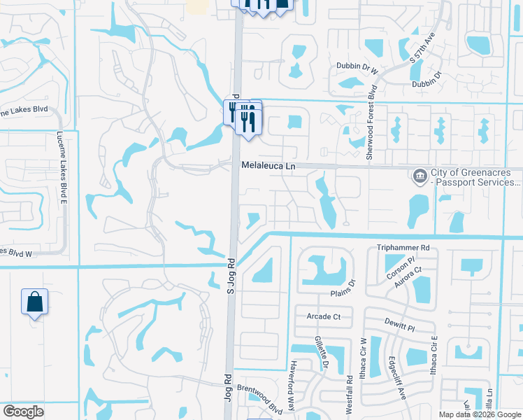 map of restaurants, bars, coffee shops, grocery stores, and more near 803 Timberlane Circle in Greenacres