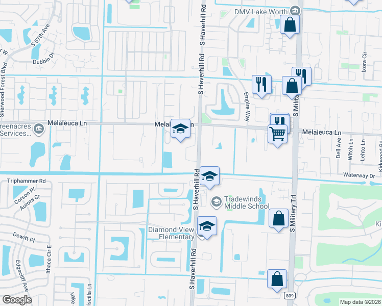 map of restaurants, bars, coffee shops, grocery stores, and more near 4899 Haverhill Road in Greenacres