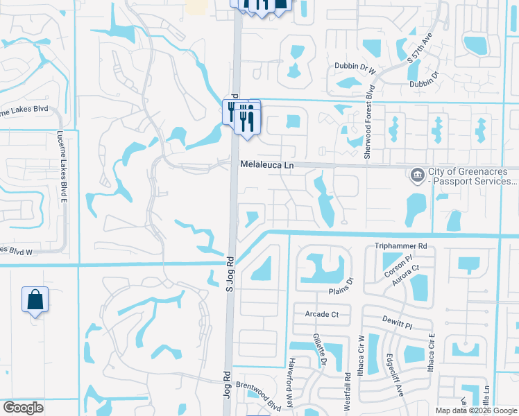 map of restaurants, bars, coffee shops, grocery stores, and more near 803 Timberlane Circle in Greenacres