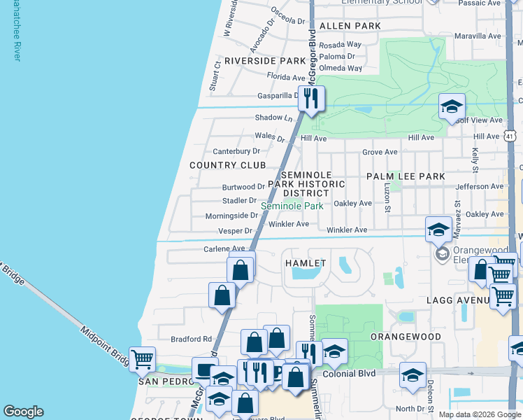 map of restaurants, bars, coffee shops, grocery stores, and more near 1345 Morningside Drive in Fort Myers