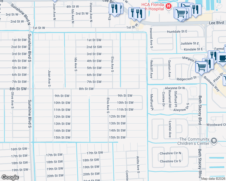 map of restaurants, bars, coffee shops, grocery stores, and more near 2614 9th Street Southwest in Lehigh Acres