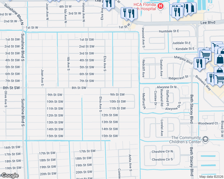 map of restaurants, bars, coffee shops, grocery stores, and more near 2701 8th Street Southwest in Lehigh Acres