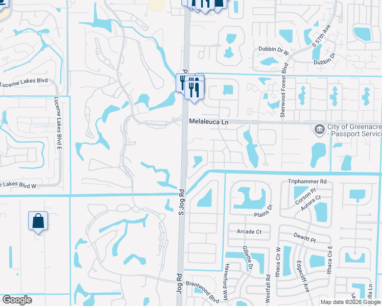 map of restaurants, bars, coffee shops, grocery stores, and more near 502 Timberlane Circle in Greenacres