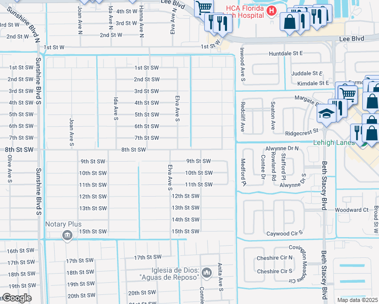 map of restaurants, bars, coffee shops, grocery stores, and more near 2701 8th Street Southwest in Lehigh Acres