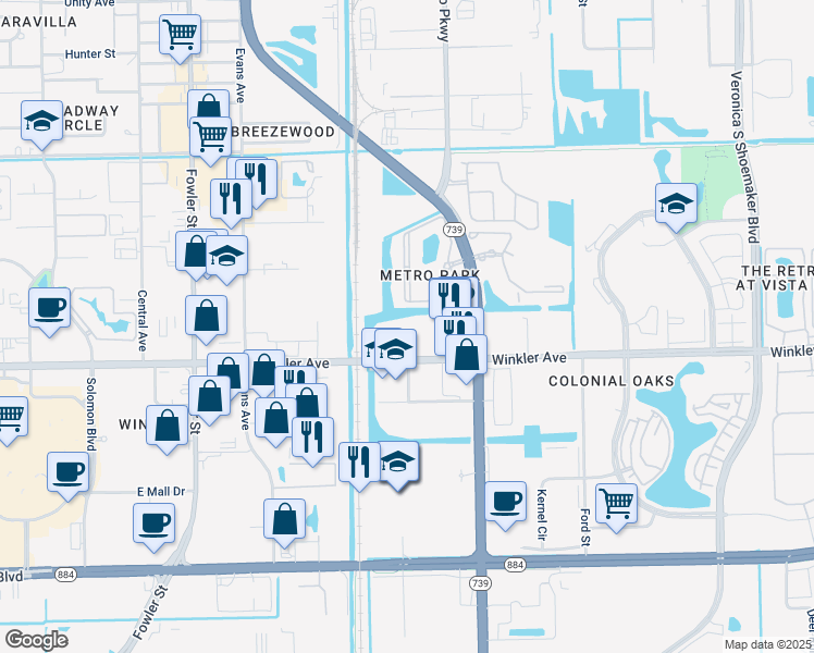 map of restaurants, bars, coffee shops, grocery stores, and more near 2825 Winkler Avenue in Fort Myers