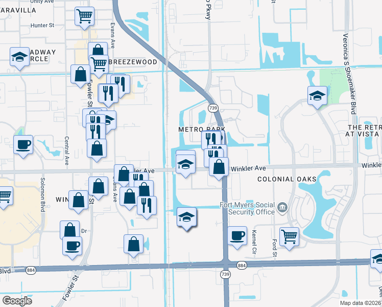 map of restaurants, bars, coffee shops, grocery stores, and more near 2825 Winkler Avenue in Fort Myers