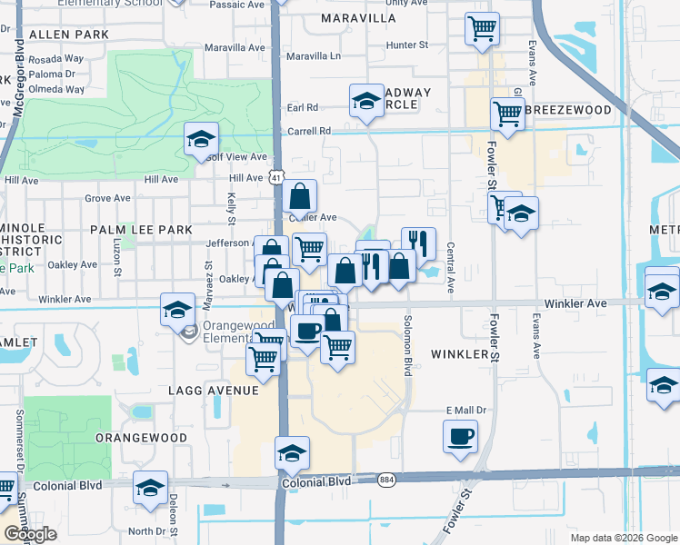 map of restaurants, bars, coffee shops, grocery stores, and more near 3900 Broadway in Fort Myers