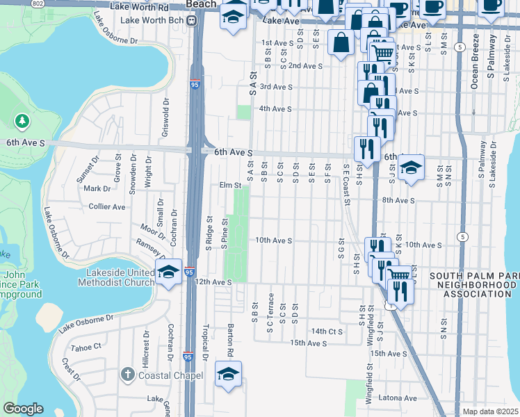 map of restaurants, bars, coffee shops, grocery stores, and more near 817 South B Street in Lake Worth