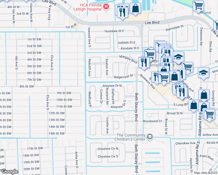 map of restaurants, bars, coffee shops, grocery stores, and more near 117 Stafford Place in Lehigh Acres