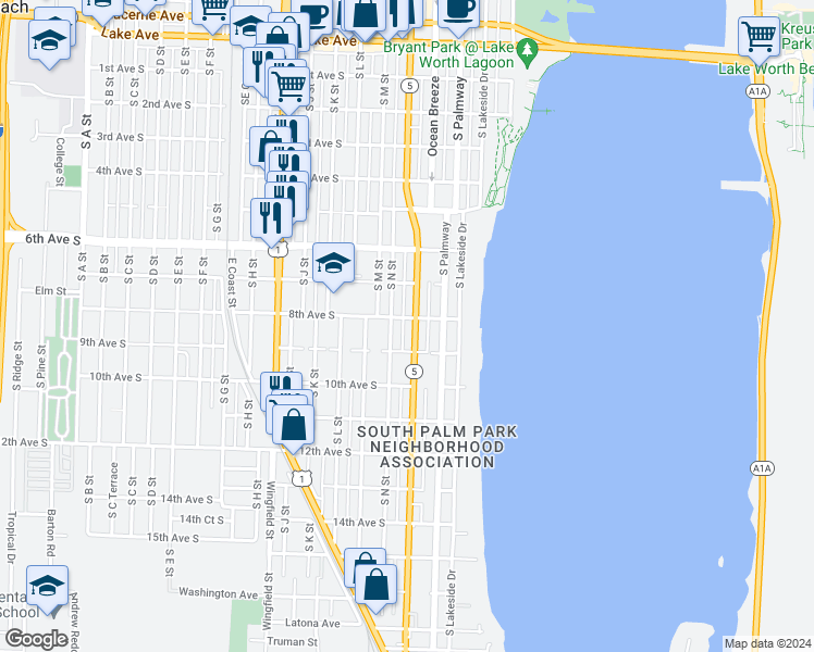 map of restaurants, bars, coffee shops, grocery stores, and more near 801 South Federal Highway in Lake Worth