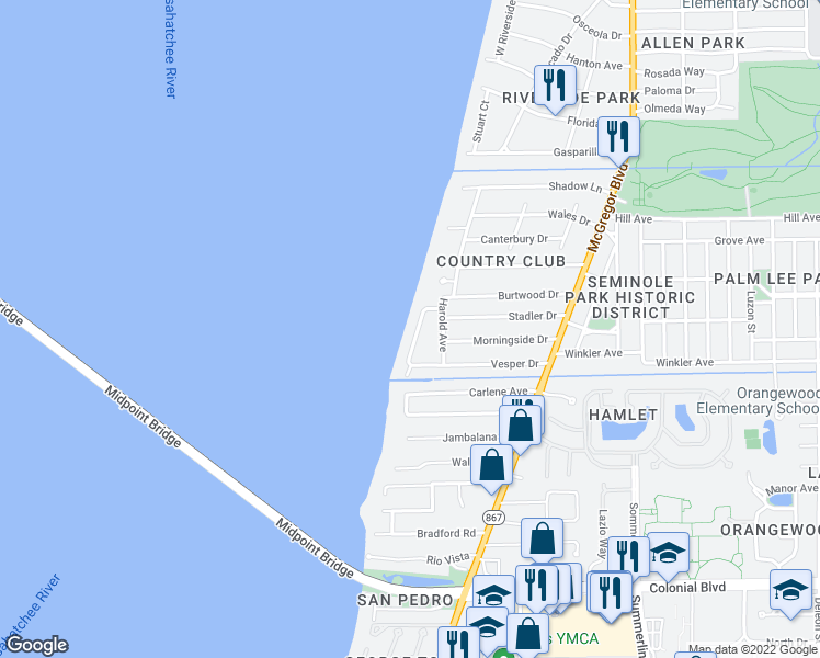 map of restaurants, bars, coffee shops, grocery stores, and more near 3921 West Riverside Drive in Fort Myers