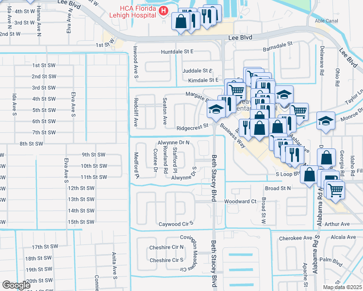 map of restaurants, bars, coffee shops, grocery stores, and more near 1443 Alwynne Drive North in Lehigh Acres