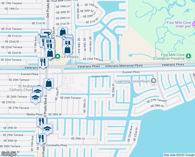 map of restaurants, bars, coffee shops, grocery stores, and more near 2518 Southeast 19th Place in Cape Coral