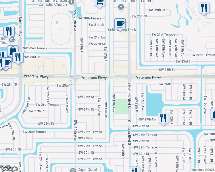 map of restaurants, bars, coffee shops, grocery stores, and more near 2512 Southwest 17th Place in Cape Coral