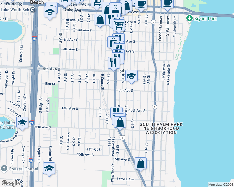 map of restaurants, bars, coffee shops, grocery stores, and more near 821 U.S. 1 in Lake Worth