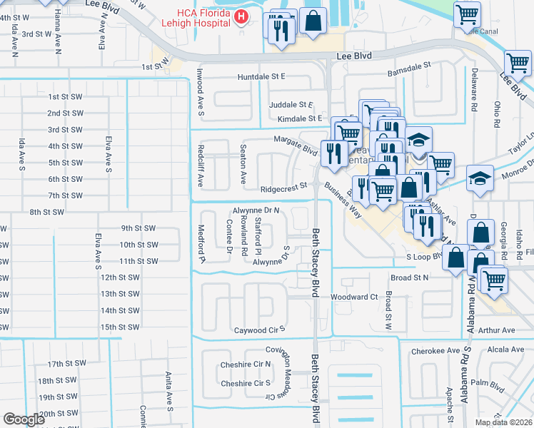 map of restaurants, bars, coffee shops, grocery stores, and more near 1443 Alwynne Drive North in Lehigh Acres