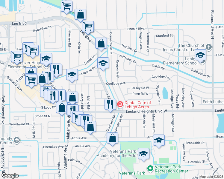 map of restaurants, bars, coffee shops, grocery stores, and more near 123 Connecticut Road in Lehigh Acres