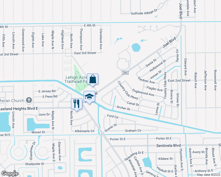 map of restaurants, bars, coffee shops, grocery stores, and more near 1501 Canal Street in Lehigh Acres