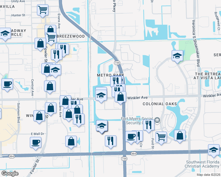 map of restaurants, bars, coffee shops, grocery stores, and more near 2929 Winkler Avenue in Fort Myers
