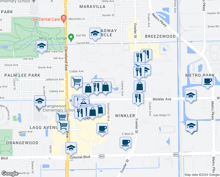 map of restaurants, bars, coffee shops, grocery stores, and more near 3910 Central Avenue in Fort Myers