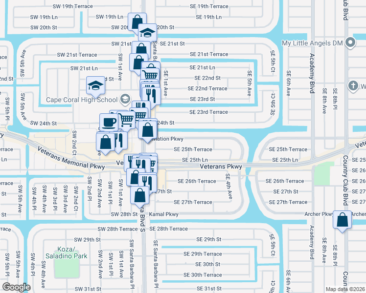 map of restaurants, bars, coffee shops, grocery stores, and more near 156 Southeast 25th Terrace in Cape Coral