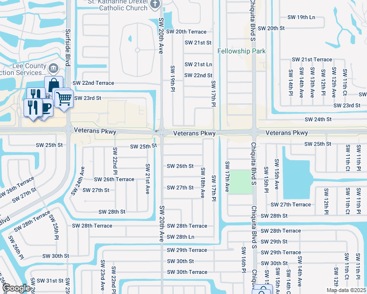 map of restaurants, bars, coffee shops, grocery stores, and more near 1822 Southwest 25th Street in Cape Coral