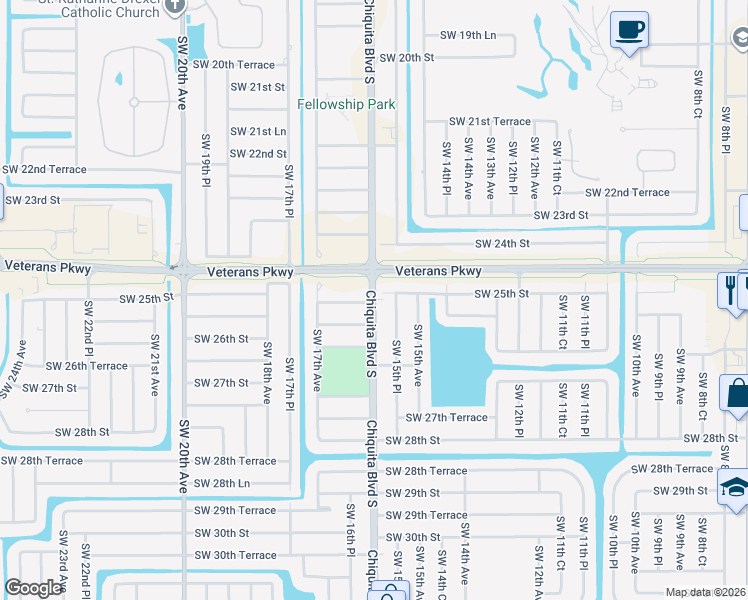 map of restaurants, bars, coffee shops, grocery stores, and more near 2512 Southwest 15th Place in Cape Coral