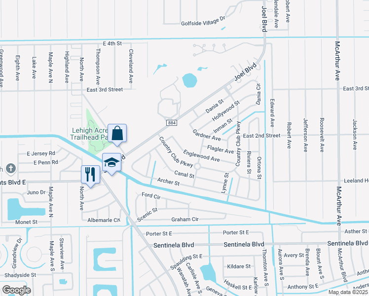 map of restaurants, bars, coffee shops, grocery stores, and more near 1709 Englewood Avenue in Lehigh Acres