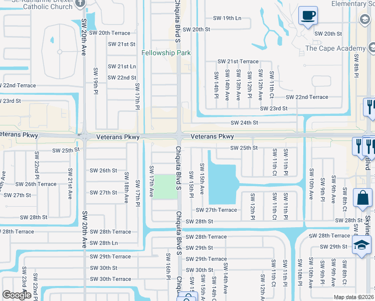 map of restaurants, bars, coffee shops, grocery stores, and more near 2512 Southwest 15th Place in Cape Coral
