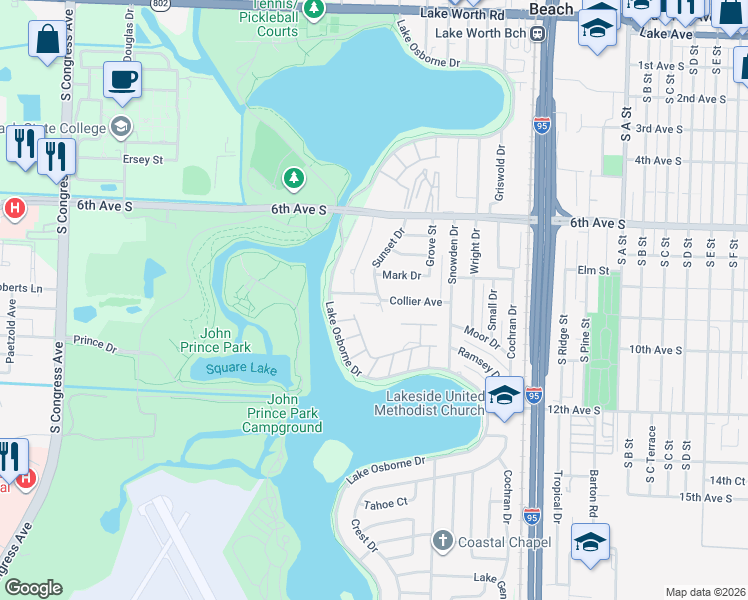 map of restaurants, bars, coffee shops, grocery stores, and more near 2101 Collier Avenue in Lake Worth Beach