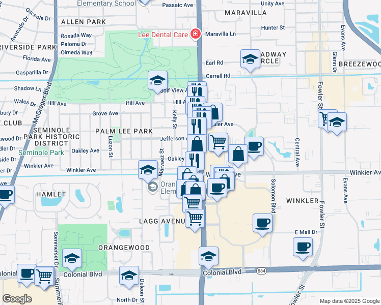 map of restaurants, bars, coffee shops, grocery stores, and more near 1925 Oakley Avenue in Fort Myers