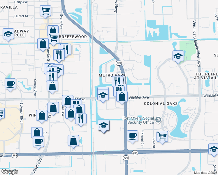 map of restaurants, bars, coffee shops, grocery stores, and more near 2825 Winkler Avenue in Fort Myers