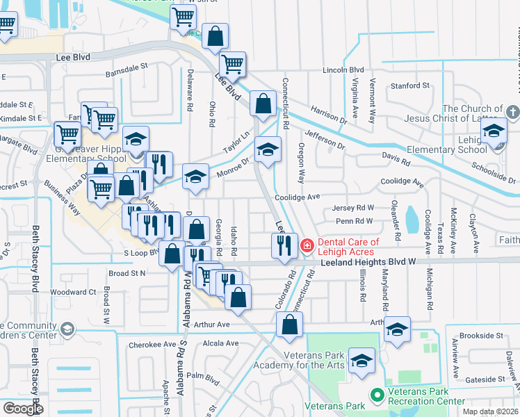 map of restaurants, bars, coffee shops, grocery stores, and more near 113 Lee Boulevard in Lehigh Acres