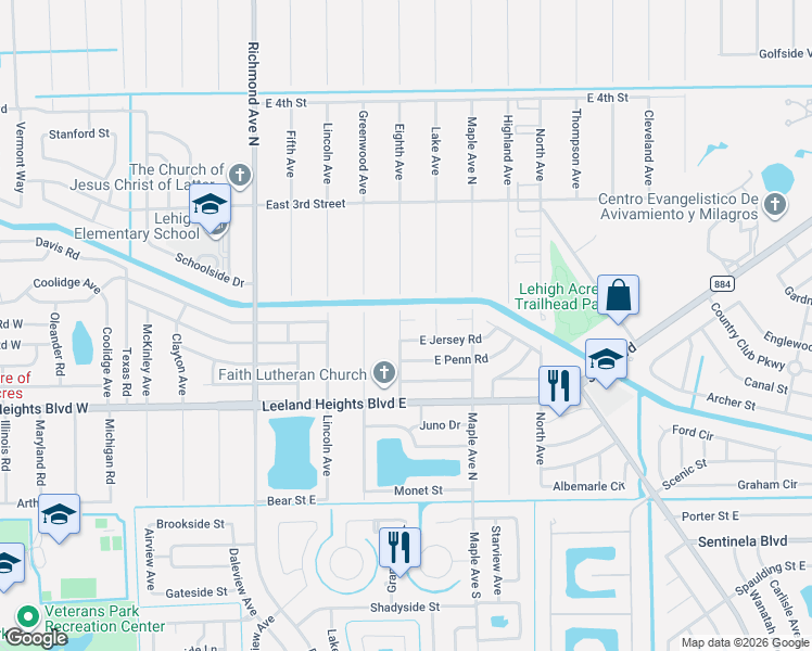 map of restaurants, bars, coffee shops, grocery stores, and more near 802 East Jasmine Road in Lehigh Acres