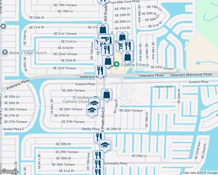 map of restaurants, bars, coffee shops, grocery stores, and more near 2503 Del Prado Boulevard South in Cape Coral