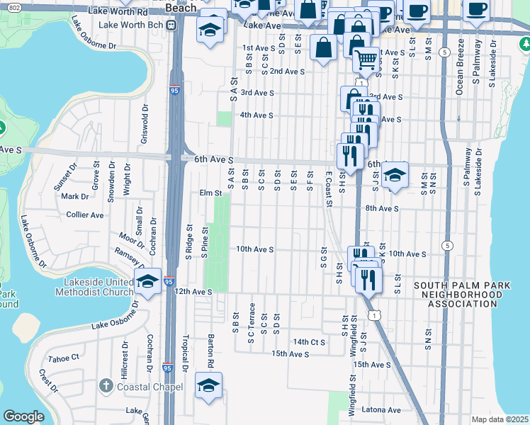 map of restaurants, bars, coffee shops, grocery stores, and more near 823 South C Street in Lake Worth