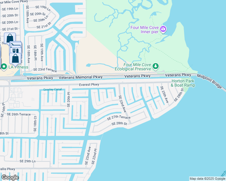 map of restaurants, bars, coffee shops, grocery stores, and more near 2511 Southeast 22nd Court in Cape Coral
