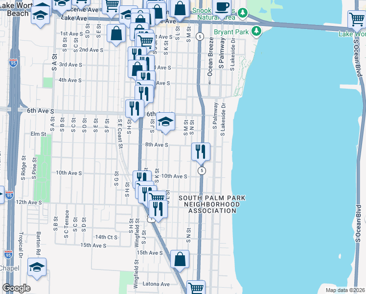 map of restaurants, bars, coffee shops, grocery stores, and more near 813 South N Street in Lake Worth
