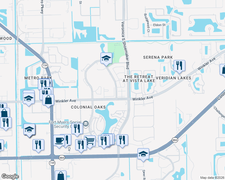 map of restaurants, bars, coffee shops, grocery stores, and more near 3407 Winkler Avenue in Fort Myers