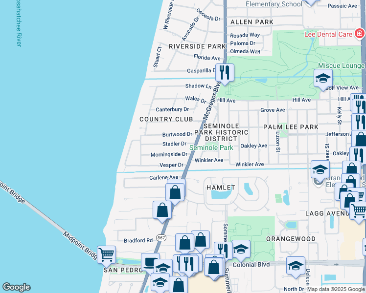 map of restaurants, bars, coffee shops, grocery stores, and more near 1345 Morningside Drive in Fort Myers