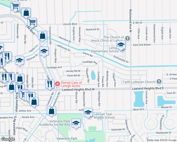 map of restaurants, bars, coffee shops, grocery stores, and more near 201 Penn Road West in Lehigh Acres