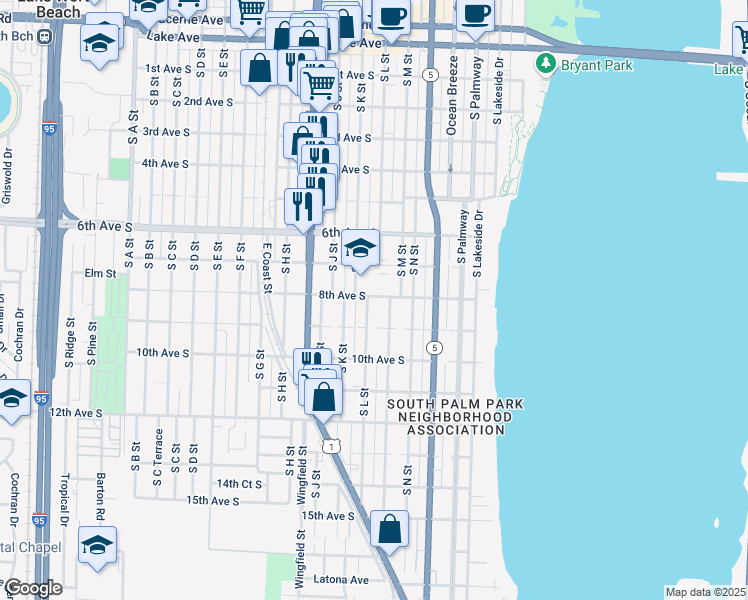 map of restaurants, bars, coffee shops, grocery stores, and more near 820 South L Street in Lake Worth