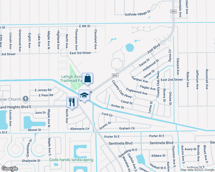 map of restaurants, bars, coffee shops, grocery stores, and more near 1501 Canal Street in Lehigh Acres