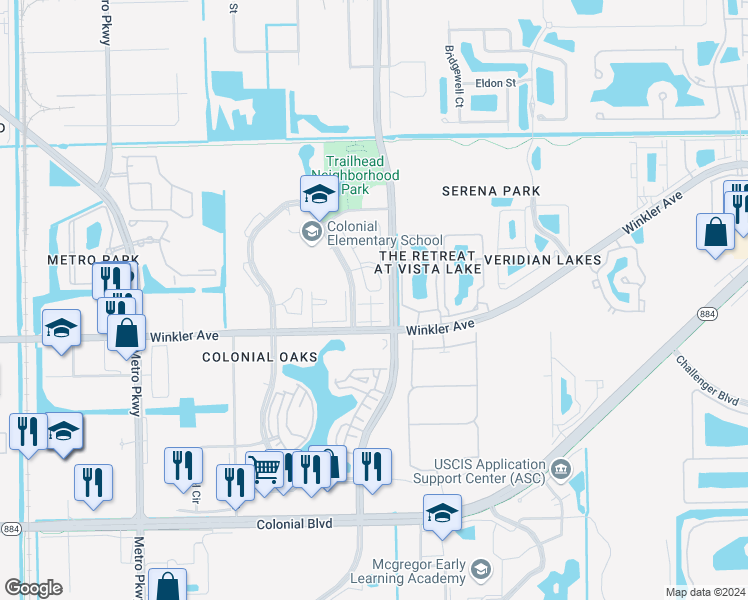 map of restaurants, bars, coffee shops, grocery stores, and more near 3733 Schoolhouse Road East in Fort Myers