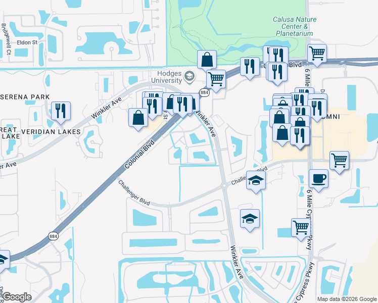 map of restaurants, bars, coffee shops, grocery stores, and more near 4590 Winkler Avenue in Fort Myers