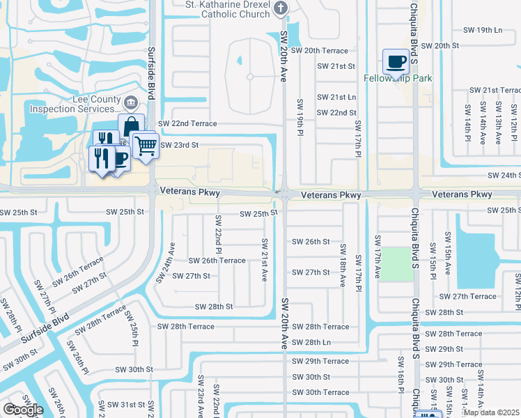 map of restaurants, bars, coffee shops, grocery stores, and more near 2101 Southwest 25th Street in Cape Coral