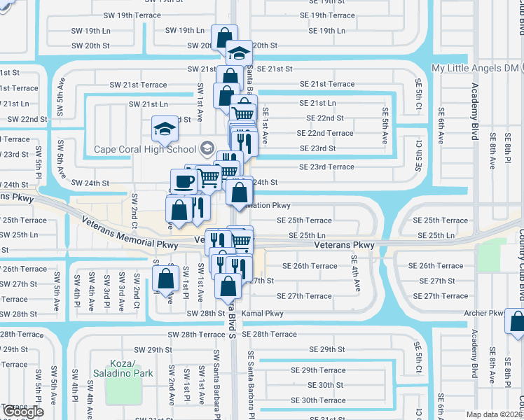 map of restaurants, bars, coffee shops, grocery stores, and more near 132 Southeast 25th Terrace in Cape Coral