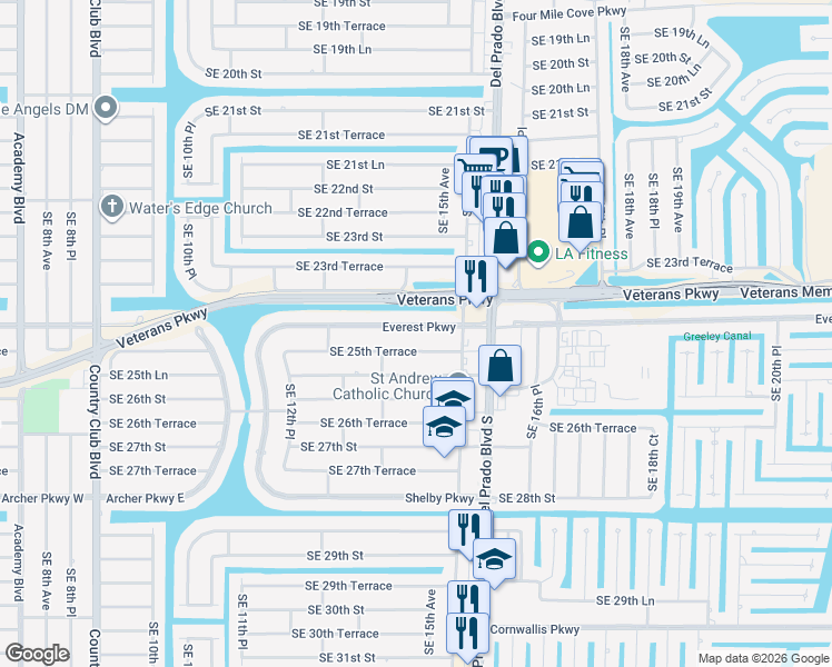 map of restaurants, bars, coffee shops, grocery stores, and more near 1422 Everest Parkway in Cape Coral